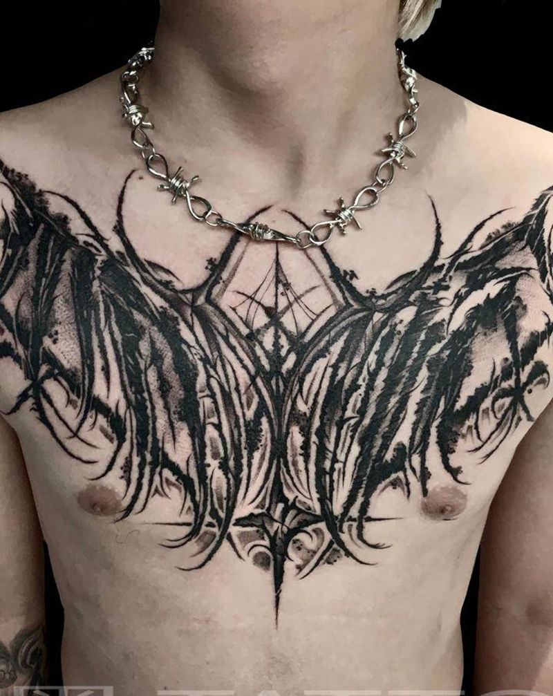 暗黑花体纹身图片_胸部花体字暗黑纹身图案