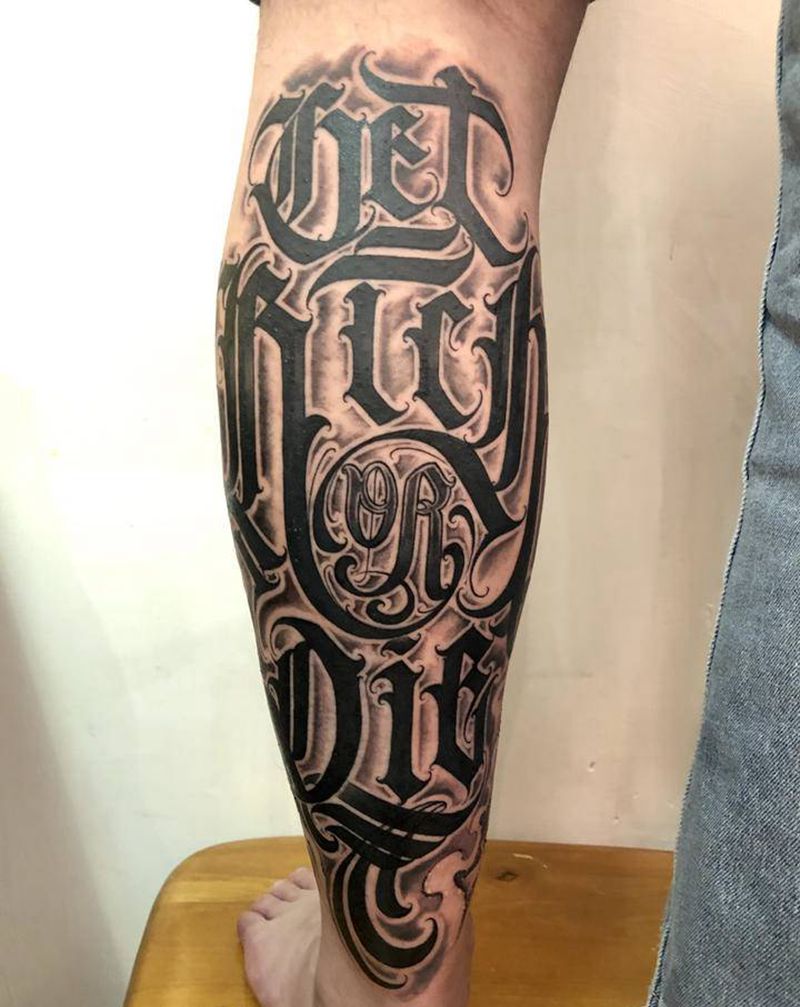 要钱不要命纹身图片_脚部腿部花体字欧美写实纹身图案