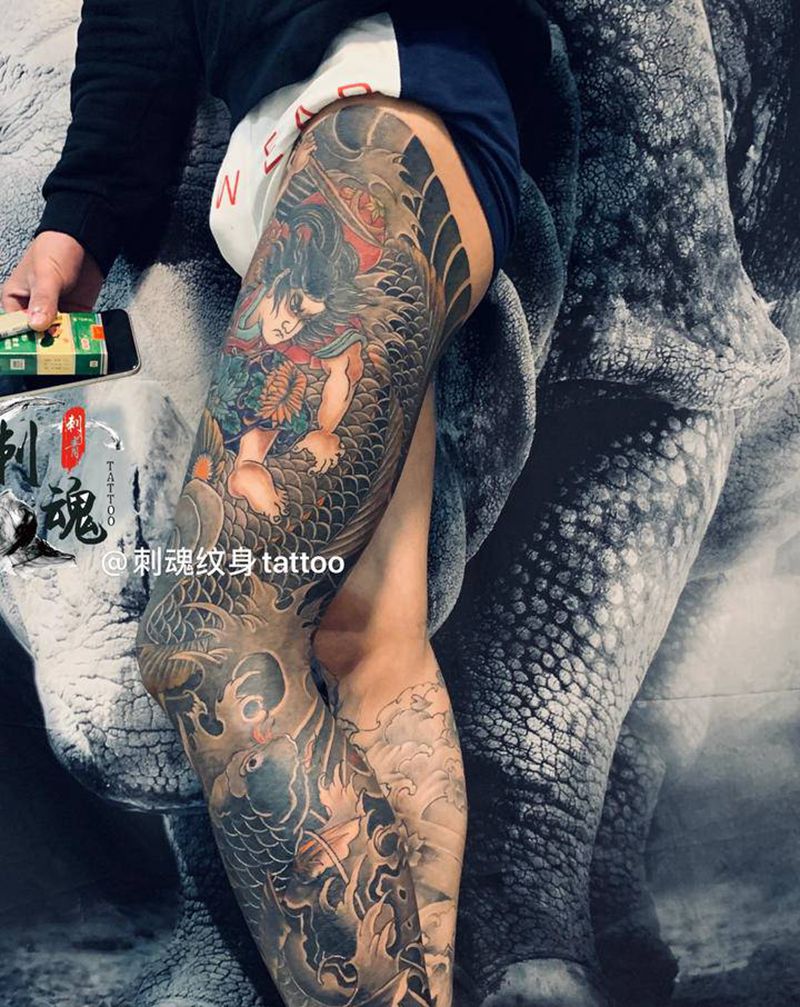 老传统·张顺纹身图片_腿部老传统纹身图案