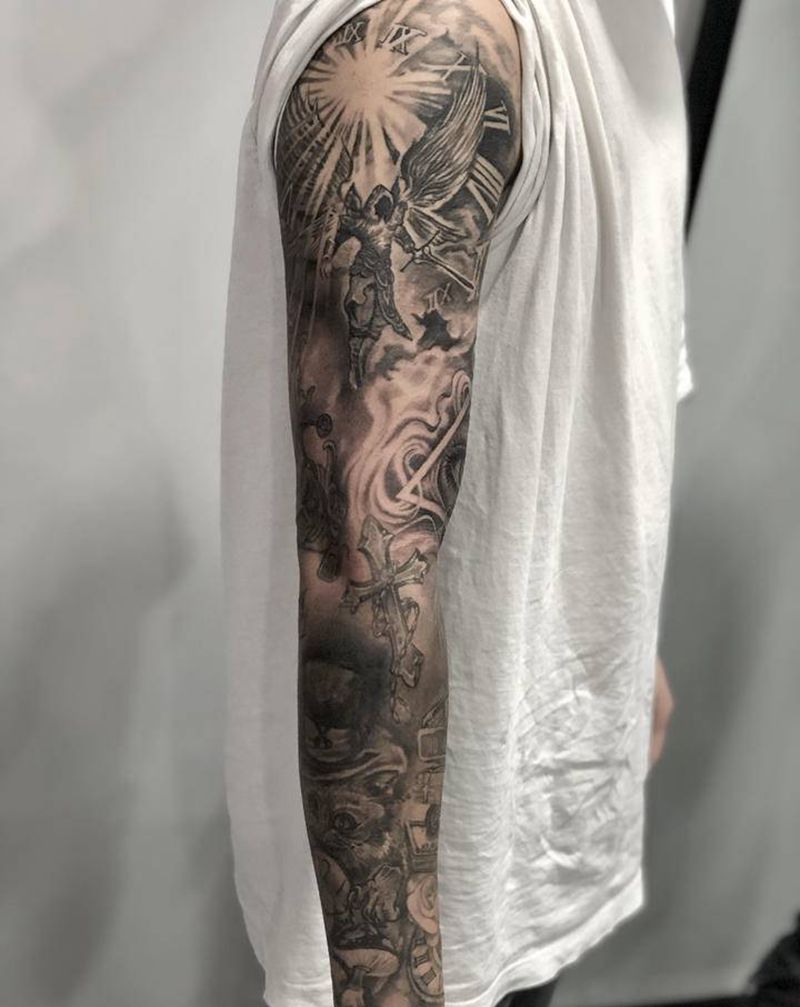 欧美黑灰写实花臂纹身图片_手臂欧美写实纹身图案