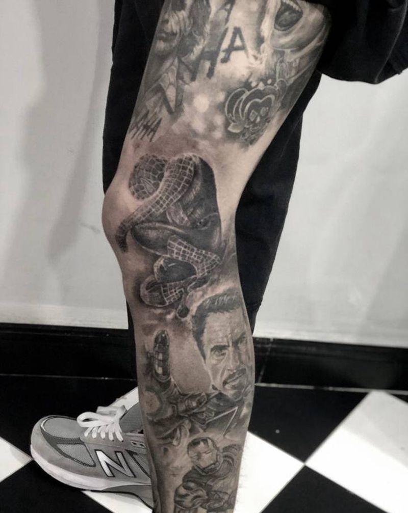 漫威主题花腿纹身图片_腿部欧美写实纹身图案