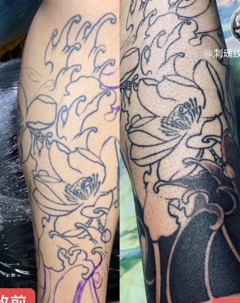 修改失败纹身纹身图片_脚部老传统新传统鲤鱼与荷花雾与水浪纹身图案