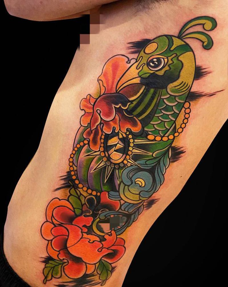 孔雀遮盖纹身图片_腹部腰部New School纹身图案