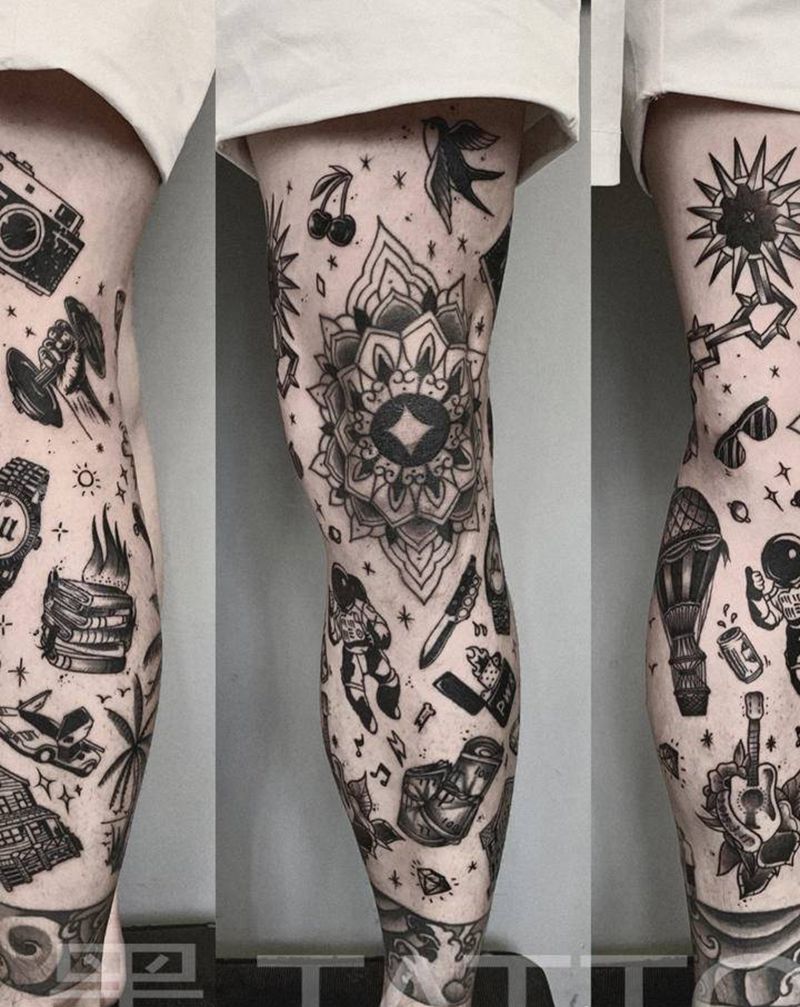 blackwork纹身图片_腿部图腾Old School纹身图案