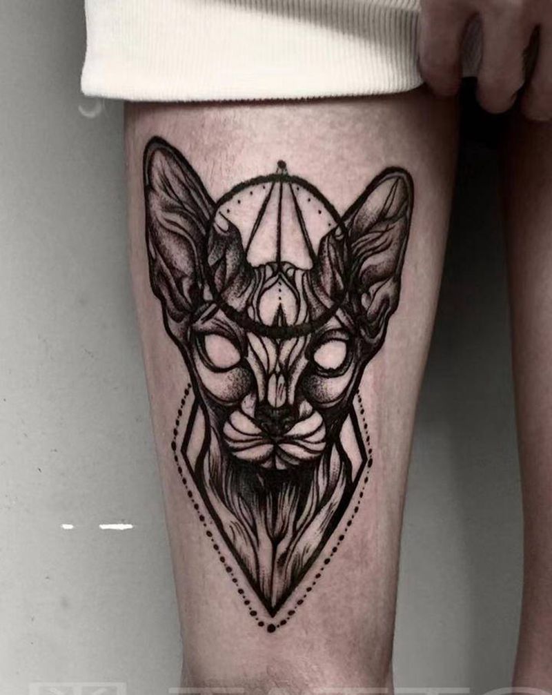 斯芬克斯纹身图片_腿部纹身图案