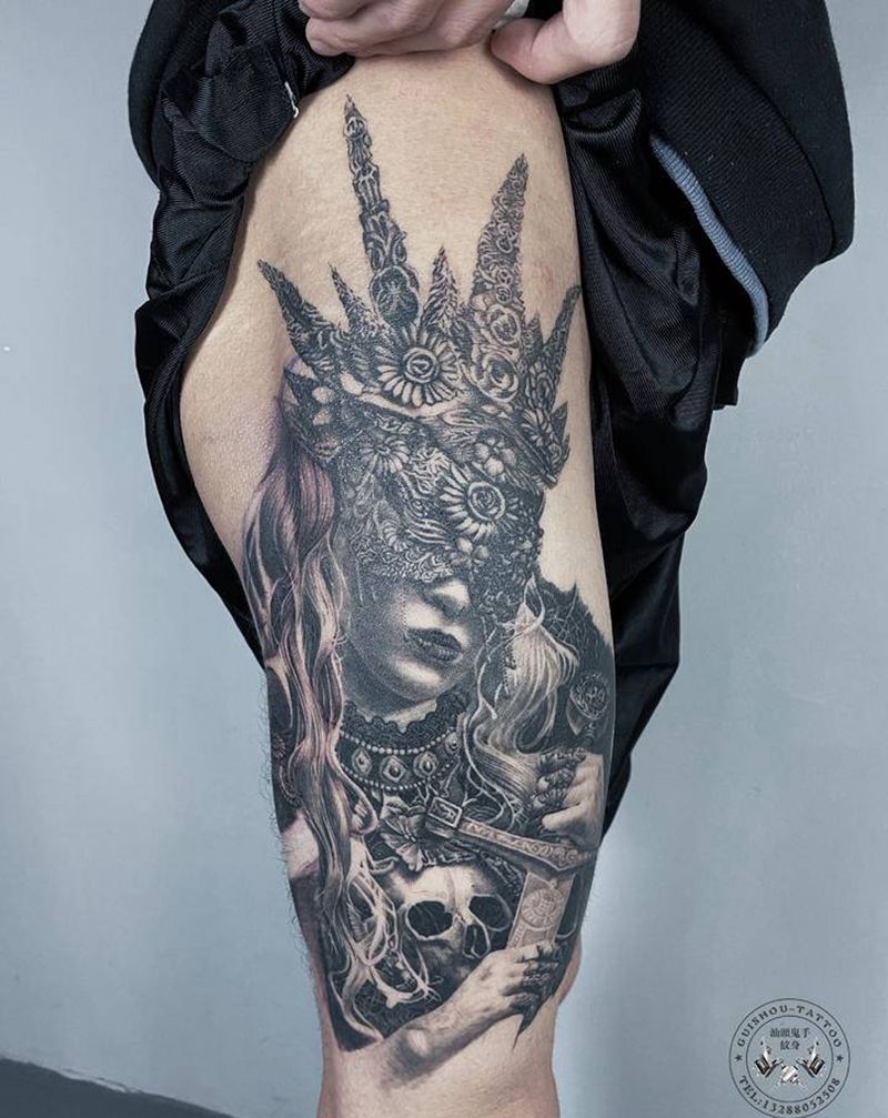 电影剧照人物纹身图片_腿部欧美写实纹身图案