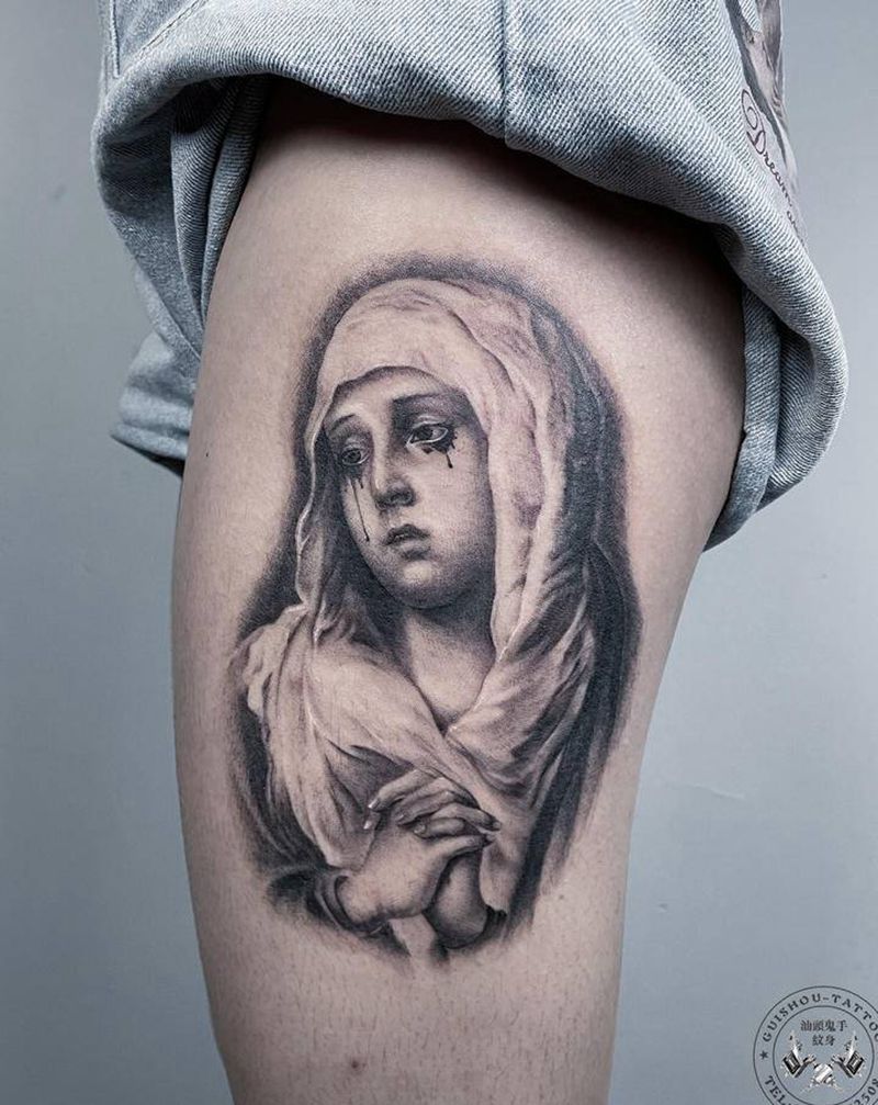 圣母纹身图片_腿部纹身图案