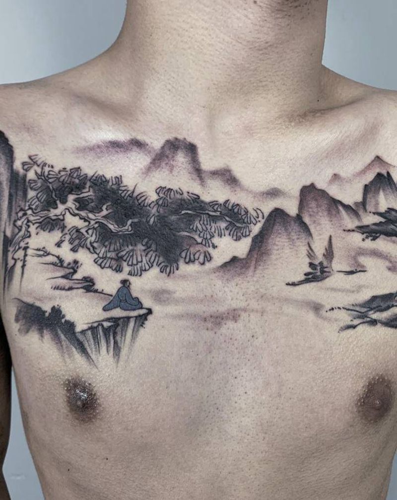 山水遮盖旧纹身纹身图片_胸部纹身图案