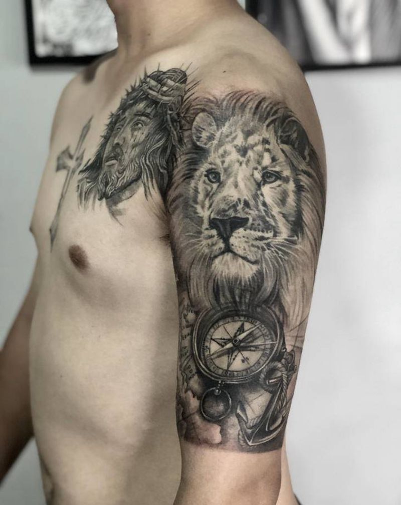 写实半甲纹身图片_胸部手臂欧美写实纹身图案