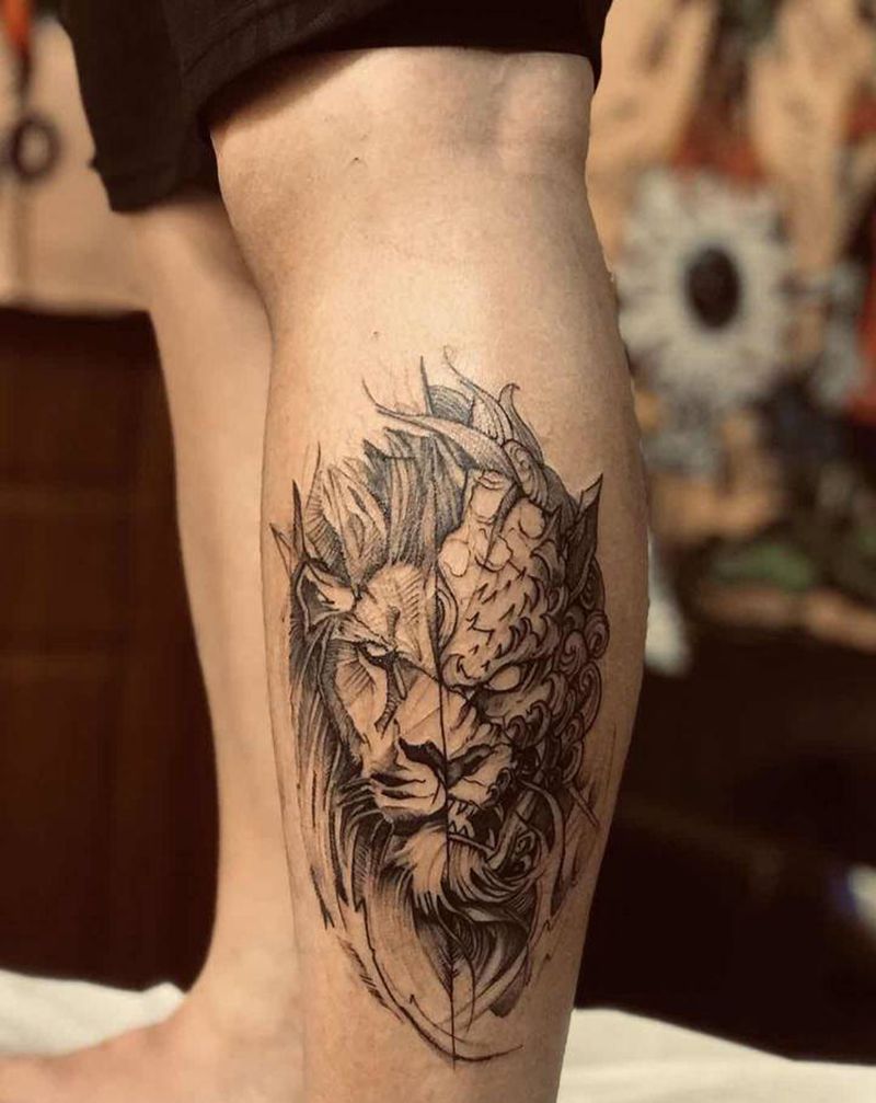 狮子纹身图片_脚部纹身图案