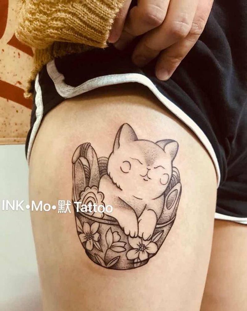 猫纹身图片_腿部纹身图案