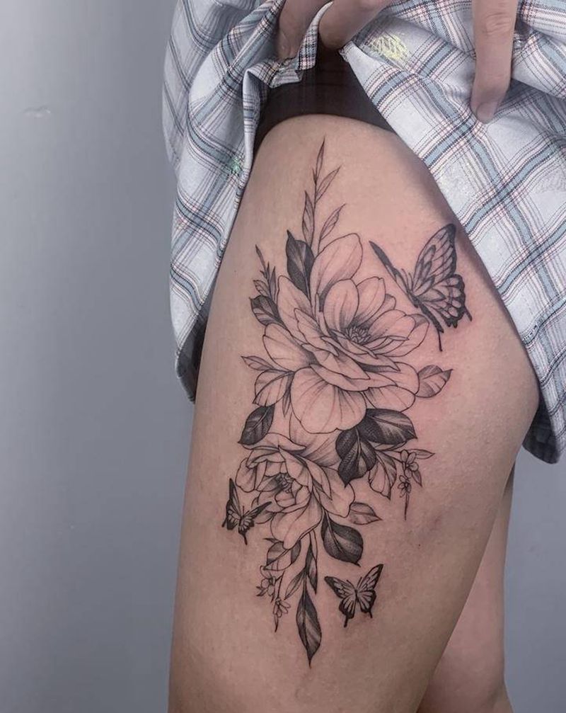 素花纹身图片_腿部纹身图案