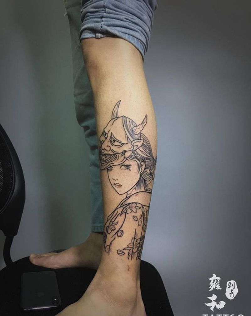 割线纹身图片_腿部纹身图案