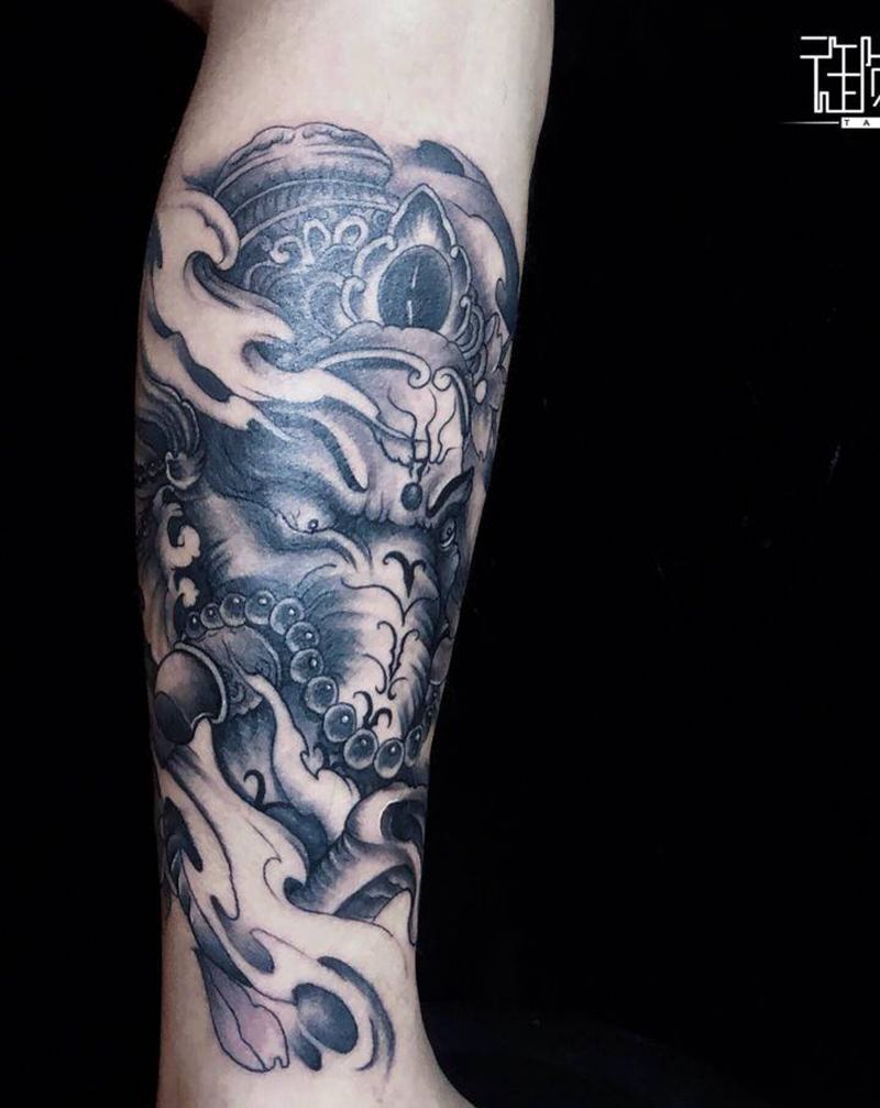 兄弟俩同款象神纹身图片_腿部老传统新传统纹身图案