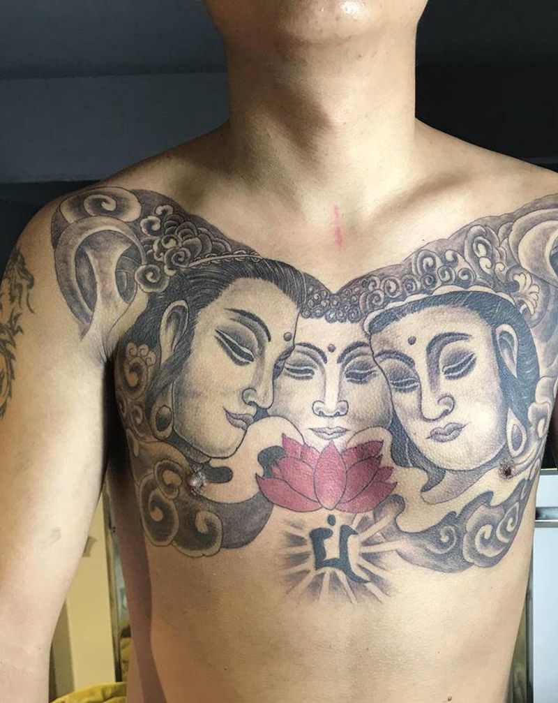 网红3面佛纹身图片_胸部纹身图案