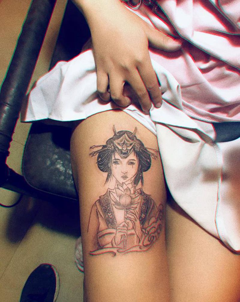 艺姬纹身图片_腿部纹身图案