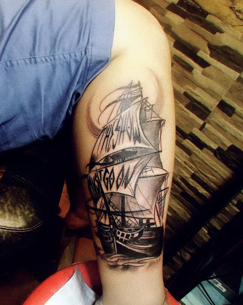 帆船纹身图片_腿部纹身图案