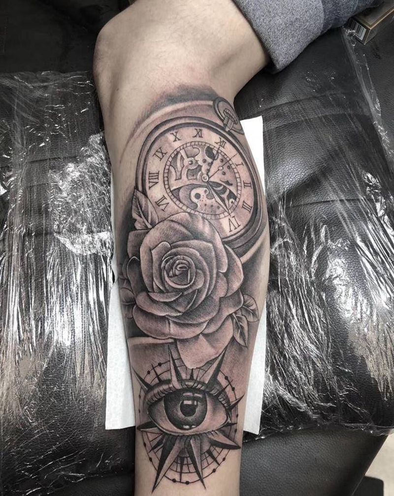 时钟玫瑰纹身图片_腿部欧美写实纹身图案