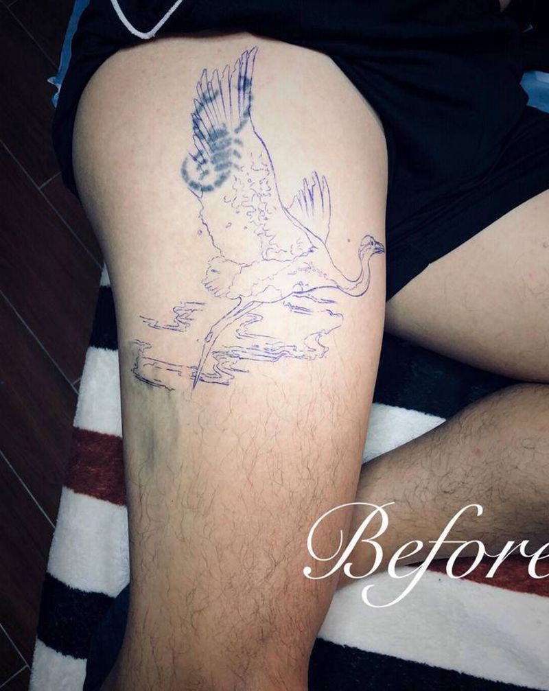 综合包大腿纹身图片_腿部点刺水墨鹤水母象纹身图案