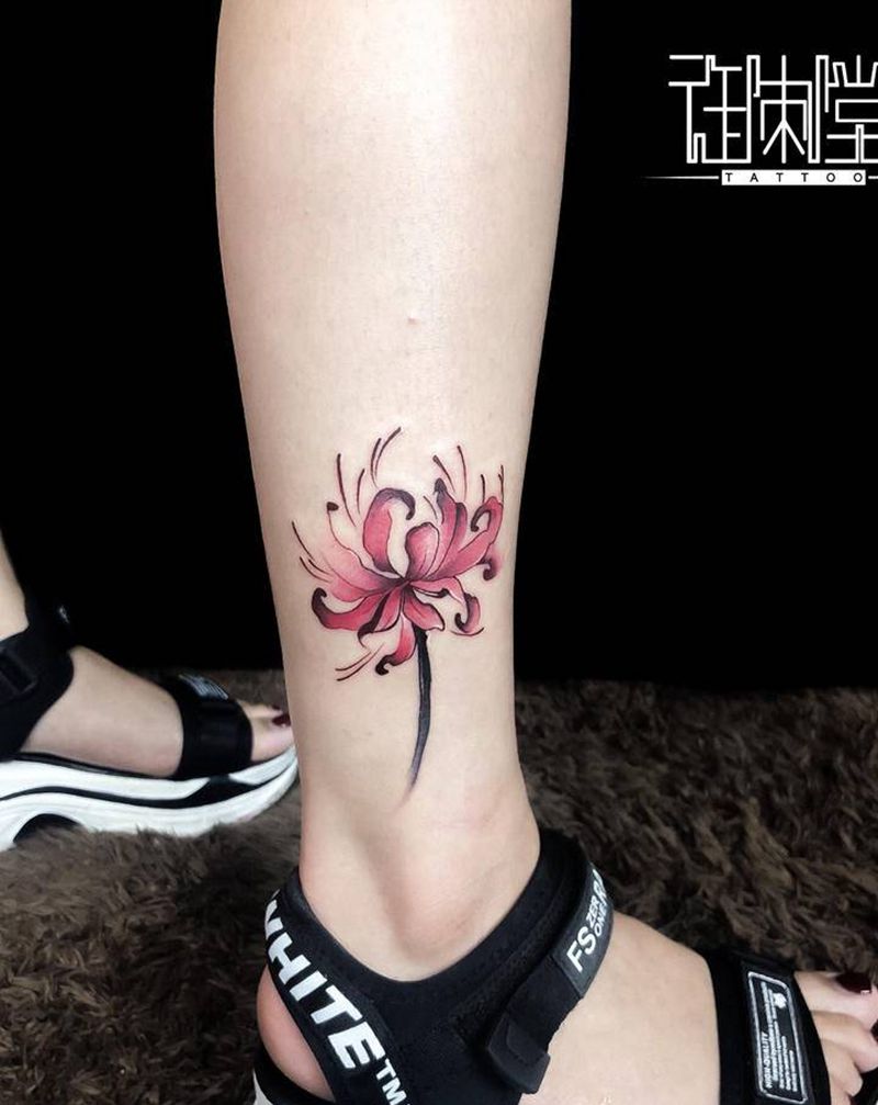 彼岸花纹身图片_腿部彩色彼岸花纹身图案
