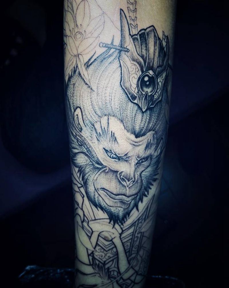 齐天大圣纹身图片_手部腿部新传统点刺悟空齐天大圣花臂纹身图案