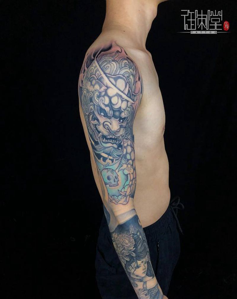 《国色天香 富贵唐狮》纹身图片_手臂新传统欧美写实花臂纹身图案