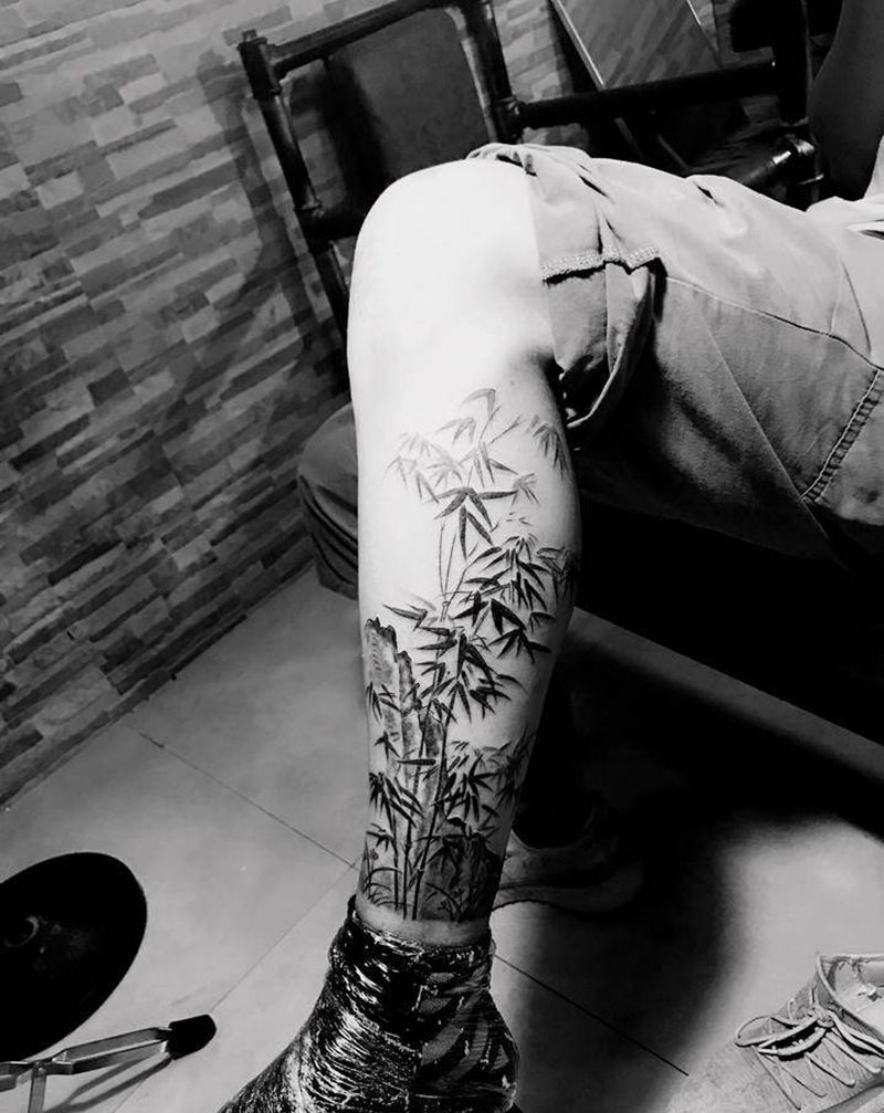 墨竹纹身图片_腿部纹身图案