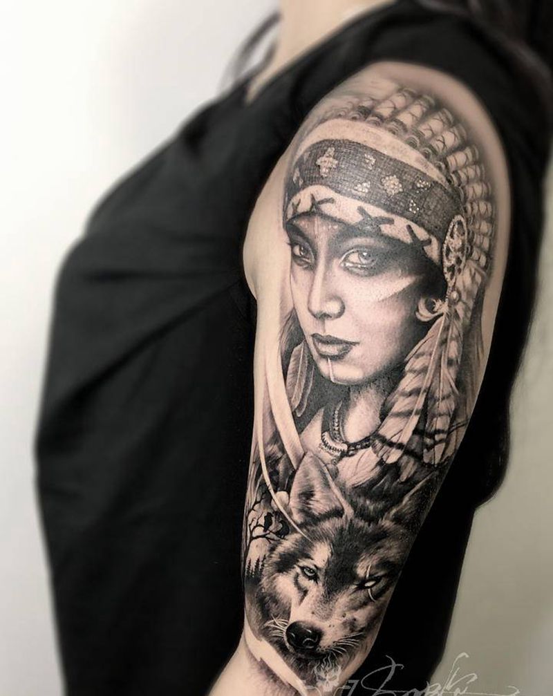 印地安人与狼纹身图片_欧美写实纹身图案