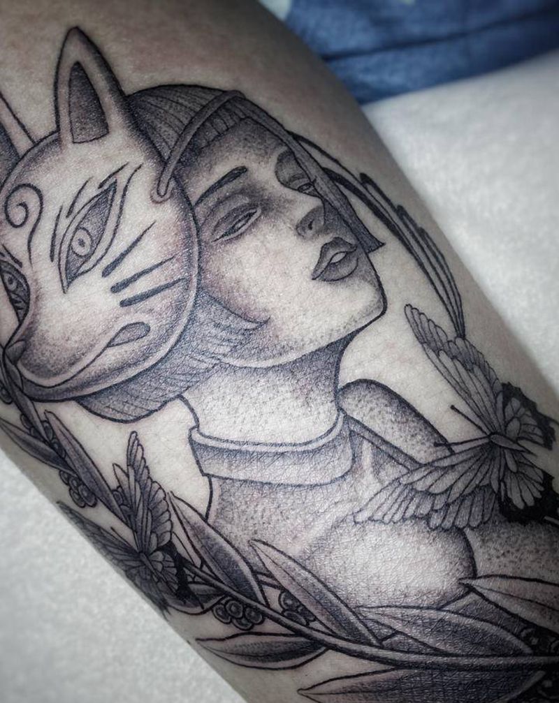 暗黑纹身图片_手部腿部点刺New School短发猫面具暗黑纹身图案