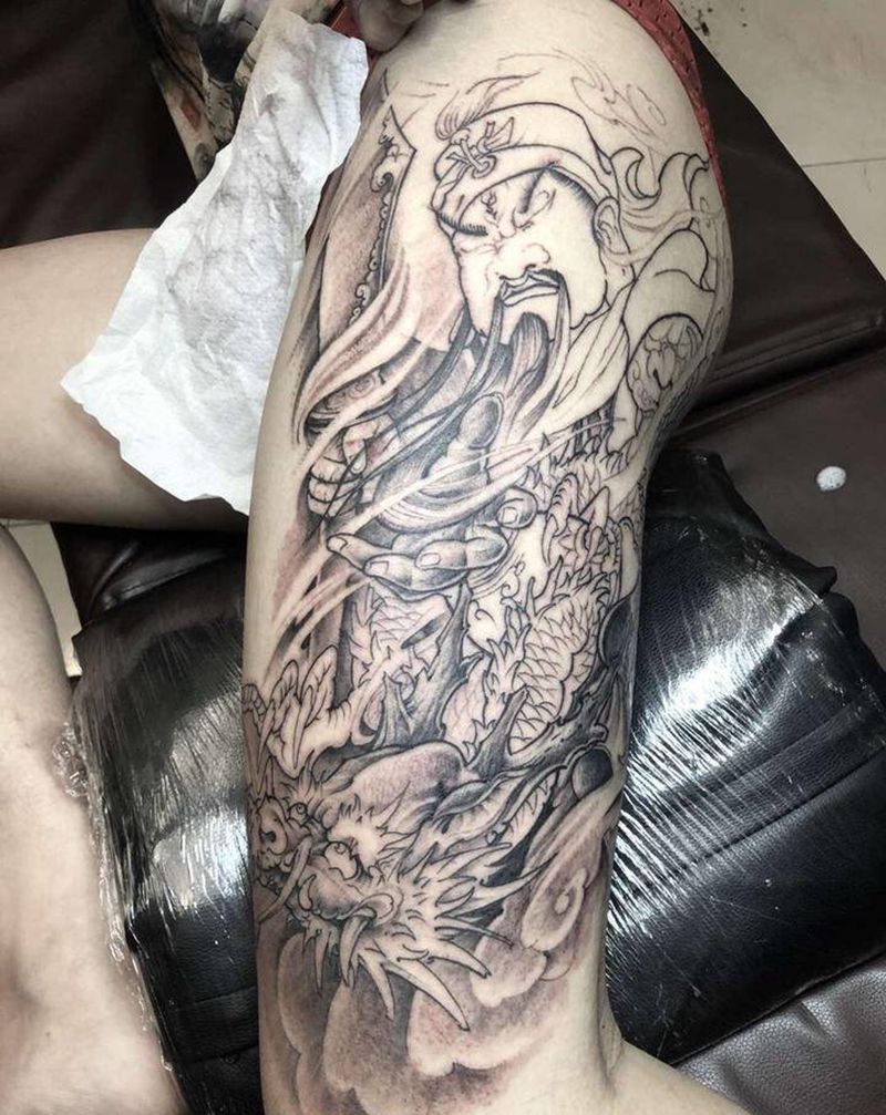 关二爷未完成纹身图片_腿部老传统纹身图案