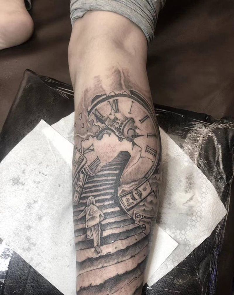 时间就是金钱纹身图片_腿部脚部纹身图案