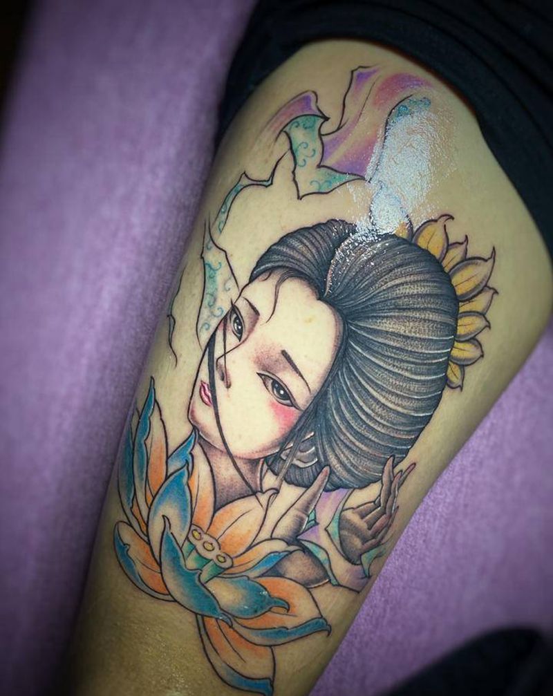 艺妓纹身图片_手部腿部新传统水彩艺妓点刺水墨纹身图案