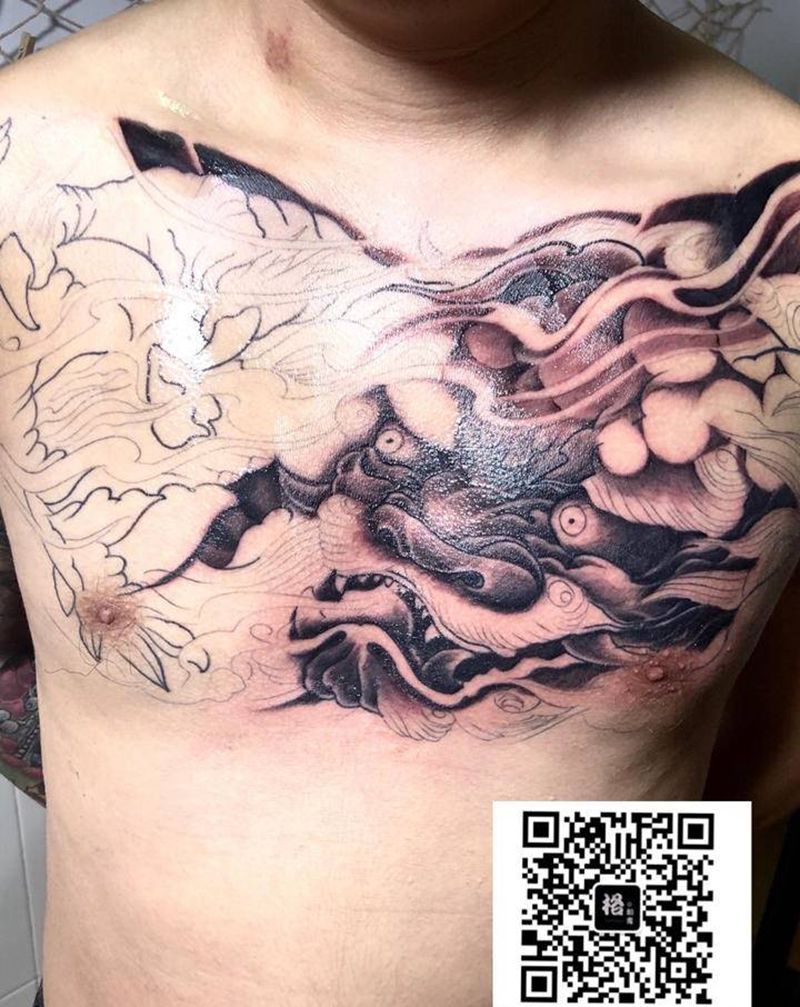 唐狮（未完成）纹身图片_胸部纹身图案