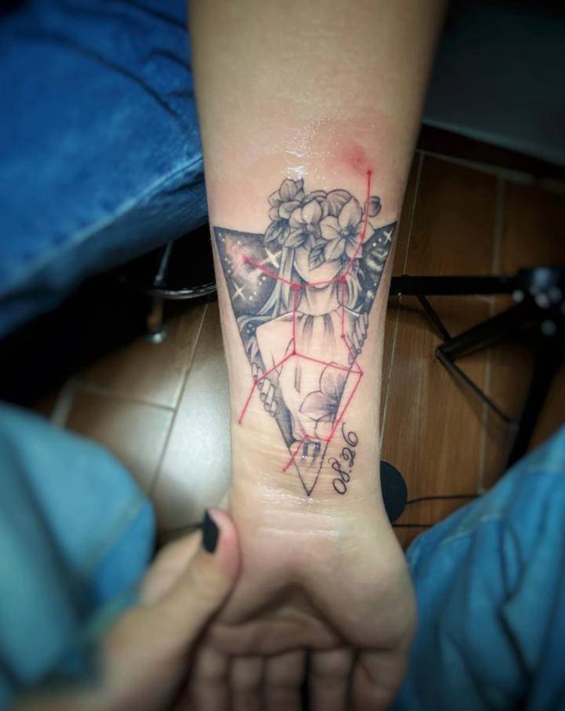 处女座♍纹身图片_手部腿部水彩几何处女座几何星座纹身图案