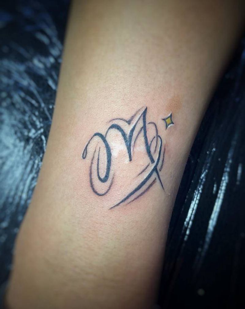 处女座♍纹身图片_手臂腿部花体字New School处女座盖疤小清新纹身图案