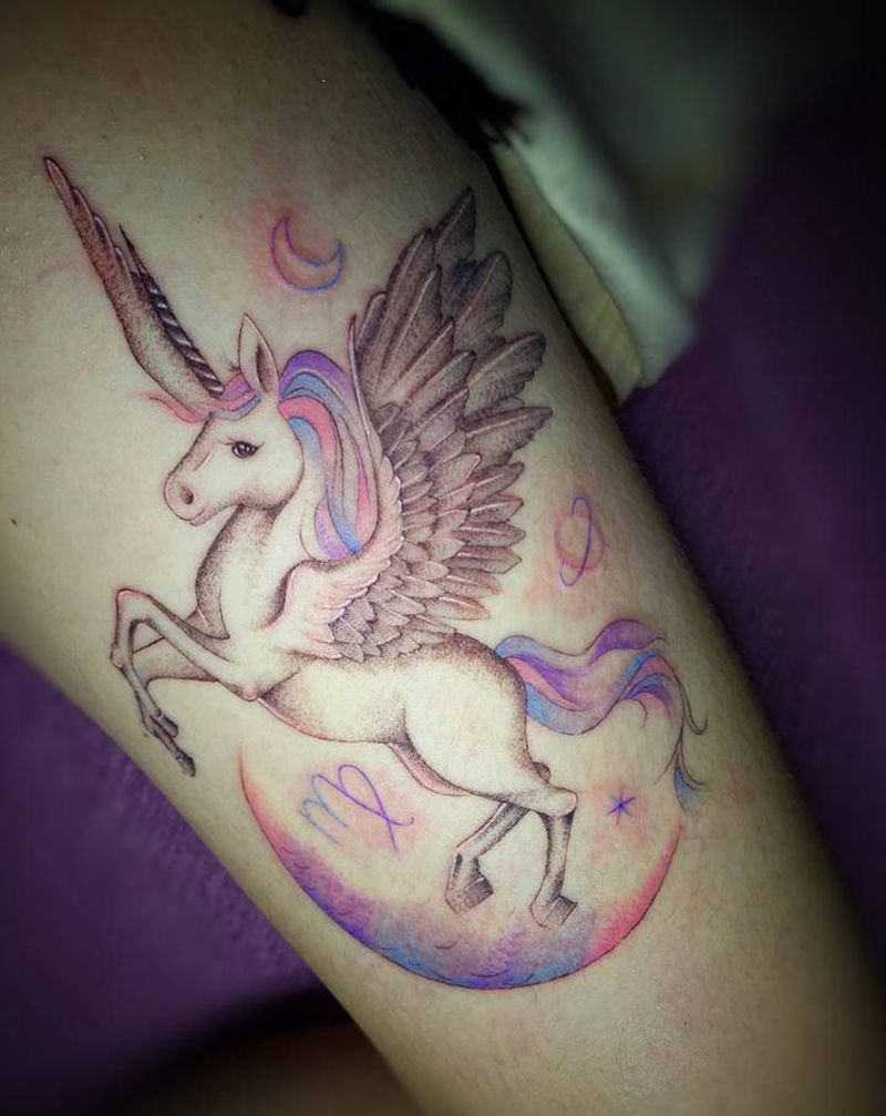 独角兽纹身图片_脚部腿部New School水彩独角兽小清新大腿纹身图案