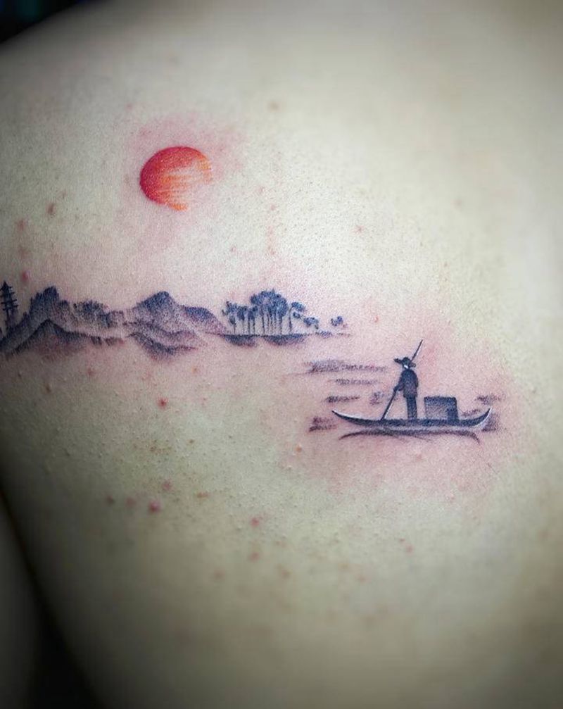 意境纹身图片_手臂肩部水墨新传统山水水墨日出纹身图案