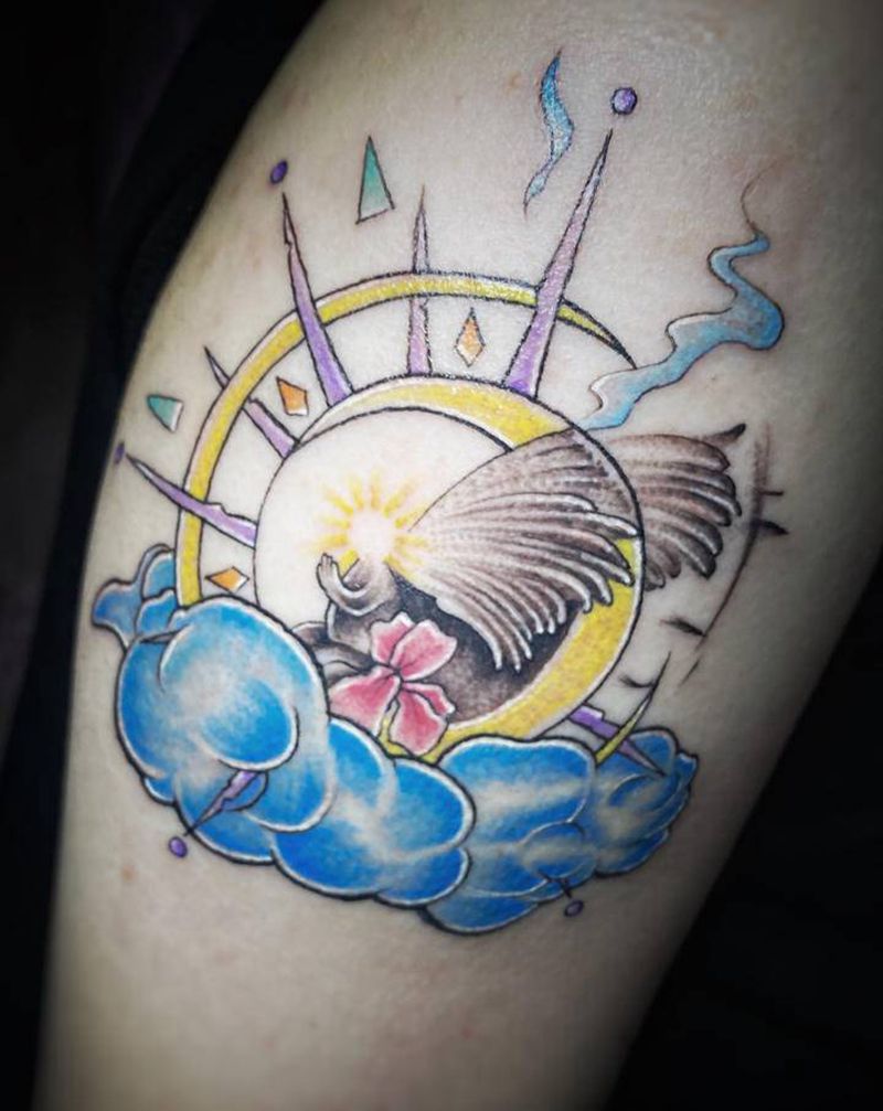 小天使纹身图片_手臂背部New School水彩指南针太阳月亮纹身图案