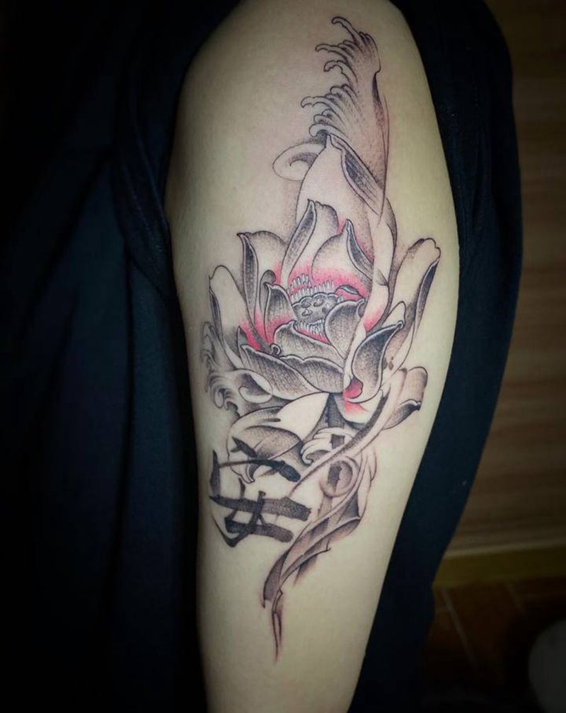 莲花纹身图片_手臂手部水彩水墨水墨莲花毛笔字纹身图案