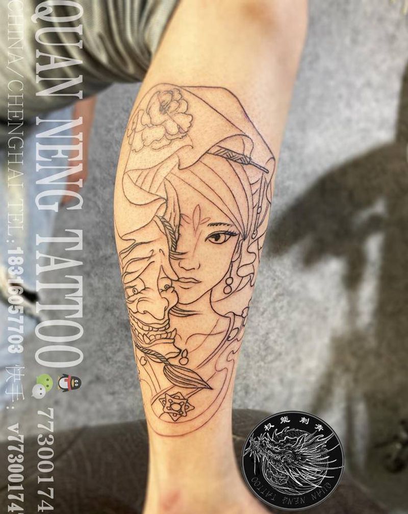 艺妓线条纹身图片_手臂腿部纹身图案