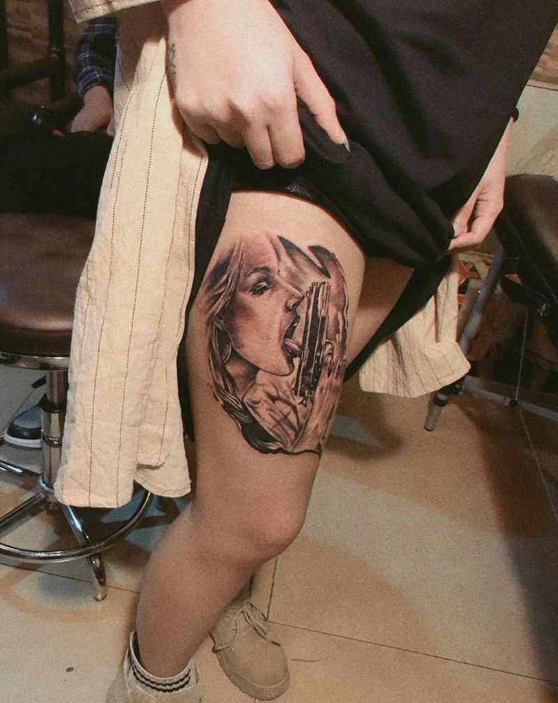 欧美人物纹身图片_腿部欧美写实纹身图案