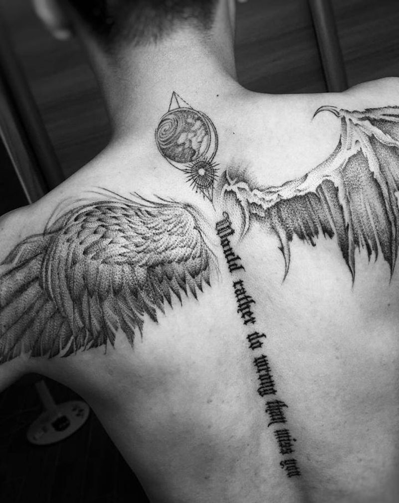 翅膀纹身图片_背部胸部New School点刺翅膀天使恶魔纹身图案