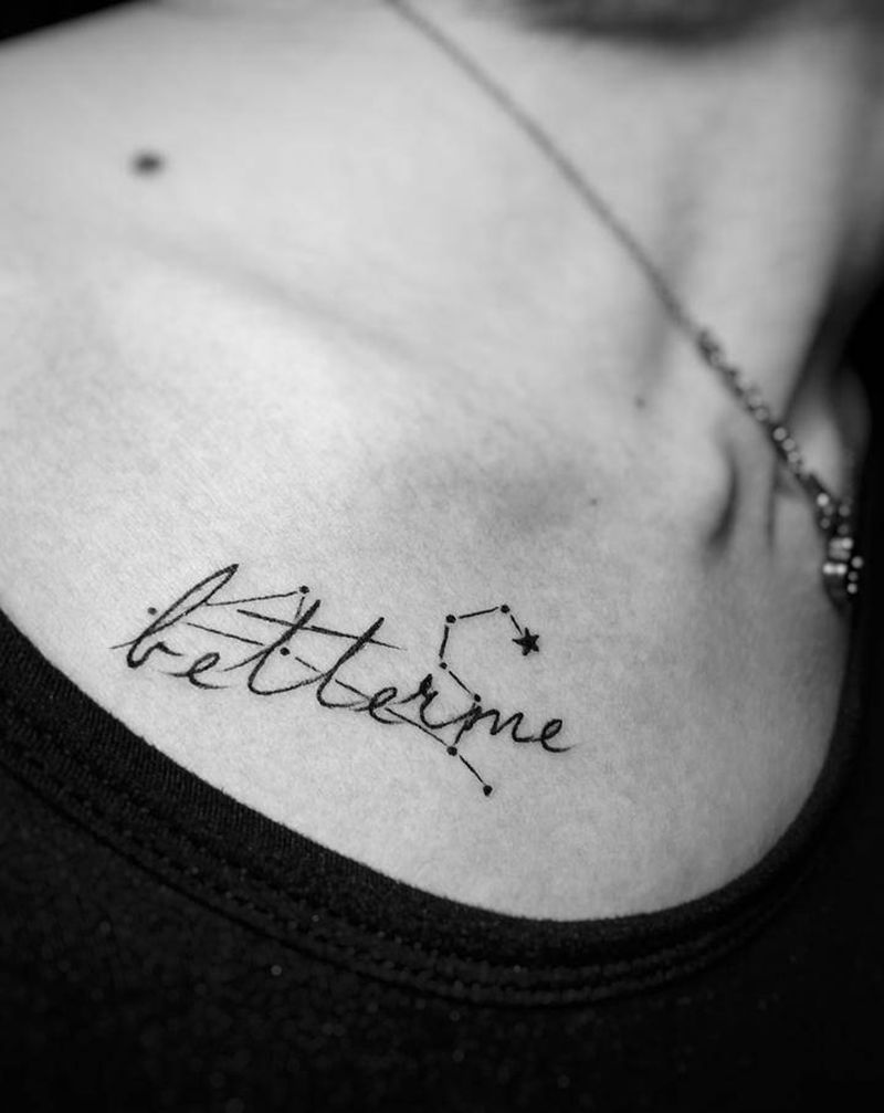 狮子座♌纹身图片_肩部胸部花体字几何狮子座英文小清新纹身图案