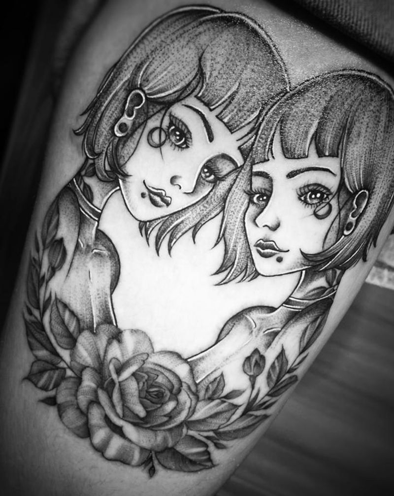 双子座纹身图片_手部脚部New School双子座星座素花纹身图案