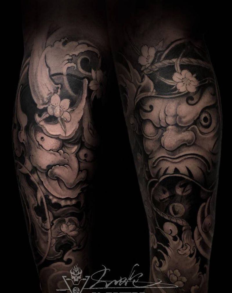 般若达摩包小腿纹身图片_腿部新传统纹身图案