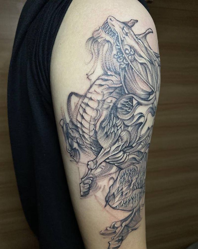 麒麟纹身图片_手臂脚部点刺水墨麒麟点刺黑灰纹身图案