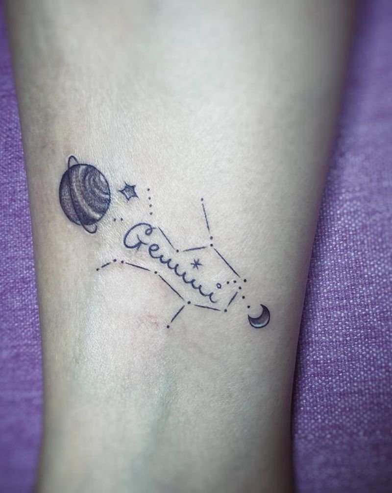 双子座纹身图片_手臂脚部点刺几何双子座星球纹身图案