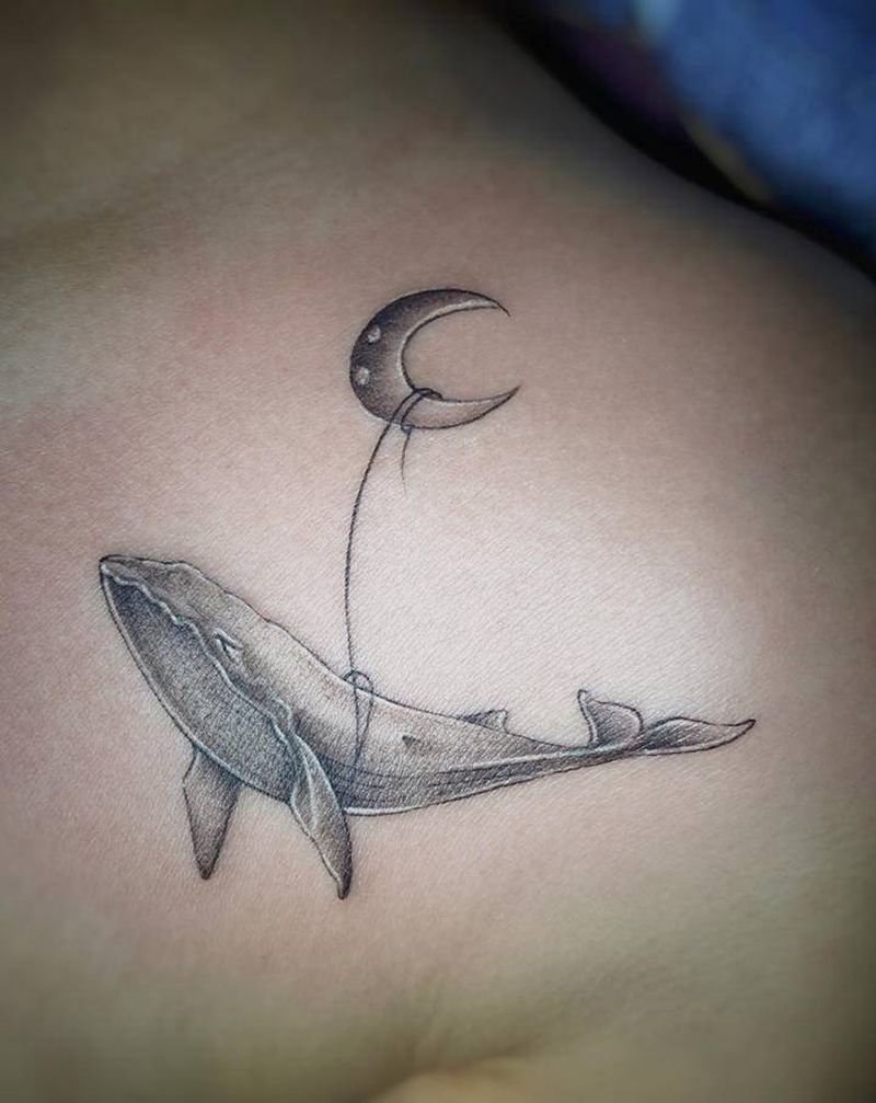 鲸鱼纹身图片_肩部手臂点刺New School鲸鱼月亮纹身图案