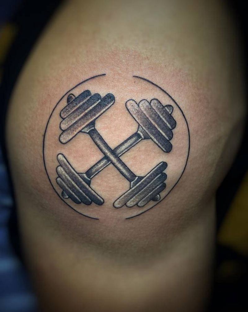 哑铃纹身图片_手臂点刺New School哑铃健身器材纹身图案