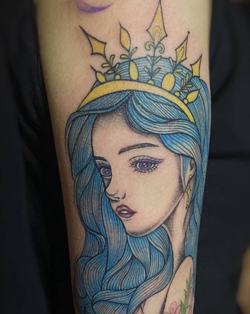 女王纹身图片_手臂脚部New School水彩女王皇冠月亮纹身图案
